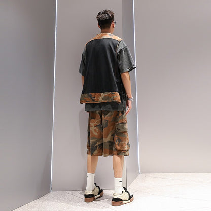 Camouflage mesh splicing men's summer trendy casual sleeveless vest and shorts trousers