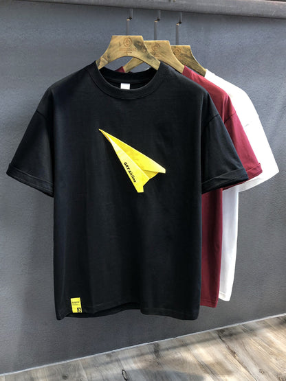 Men's T-shirts creative paper airplane sticker embroidered short sleeved T-shirt