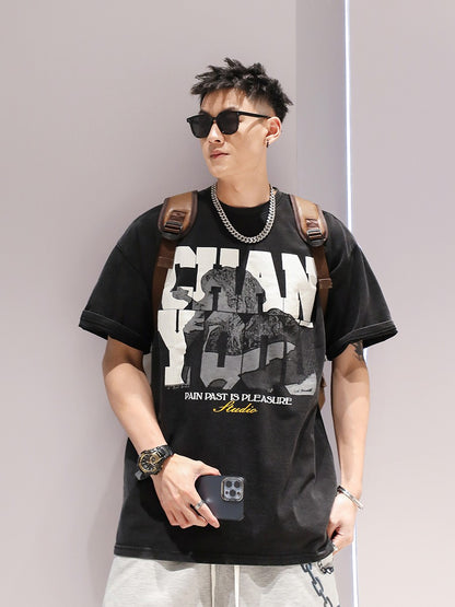 Hiphop style street wear t-shirt washed crack printed short sleeved T-shirt