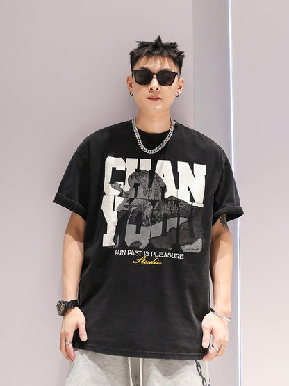 Hiphop style street wear t-shirt washed crack printed short sleeved T-shirt