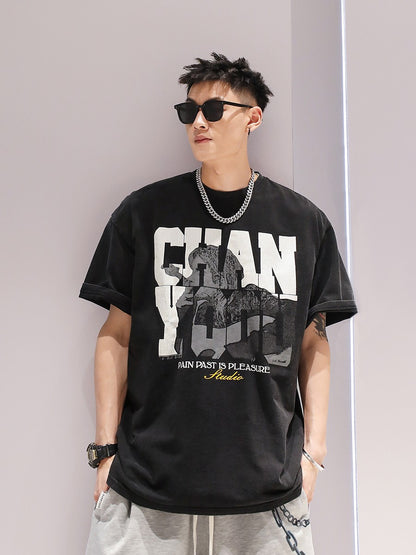 Hiphop style street wear t-shirt washed crack printed short sleeved T-shirt