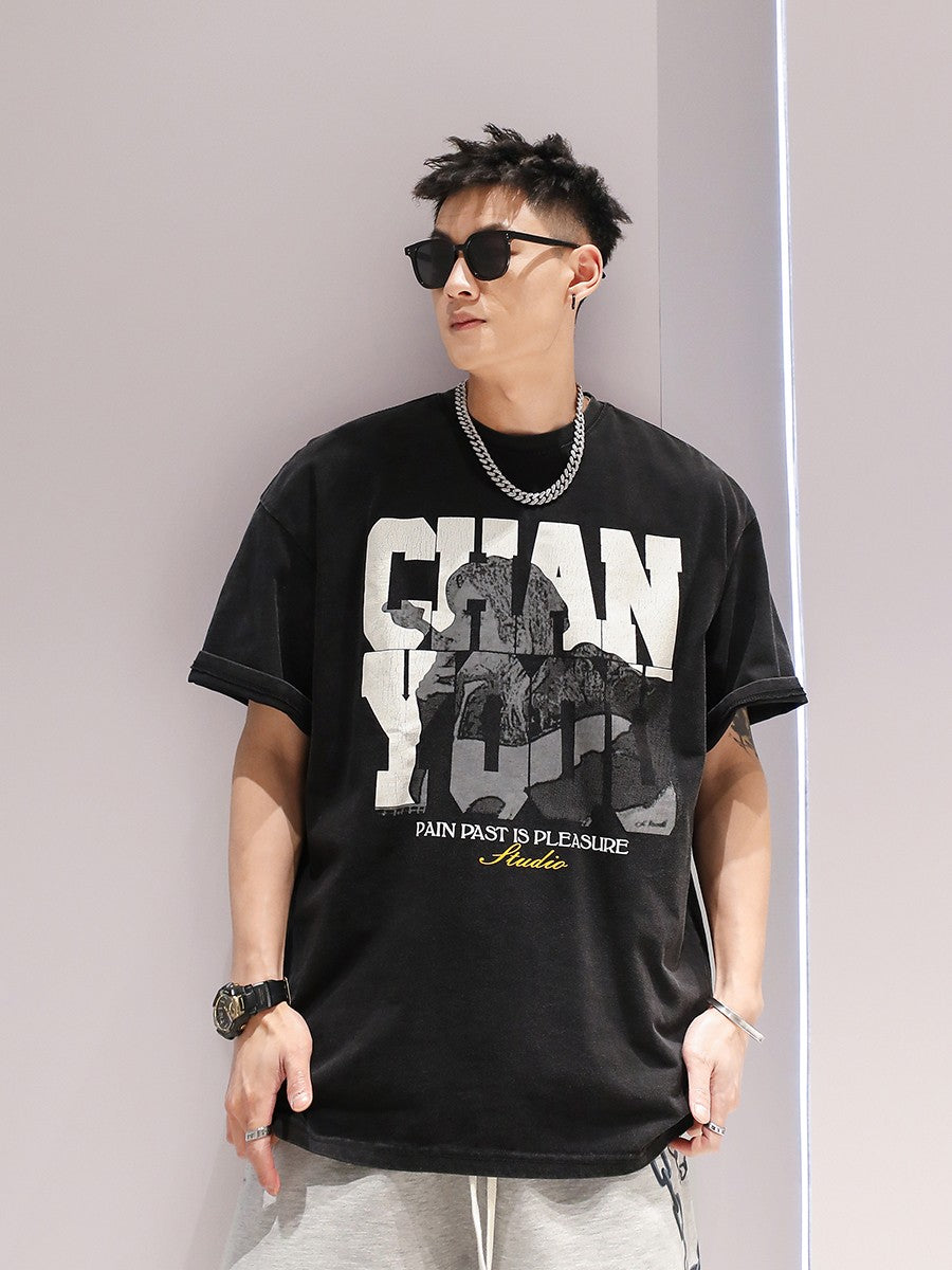 Hiphop style street wear t-shirt washed crack printed short sleeved T-shirt