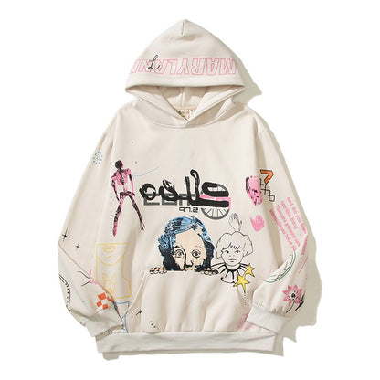 Hoodies street hand-painted graffiti character unisex distressed hooded sweatshirt