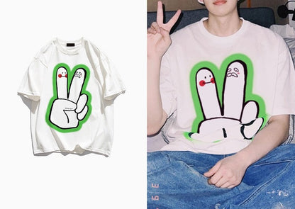 Hand print oversize t-shirt hip-hop couple style top