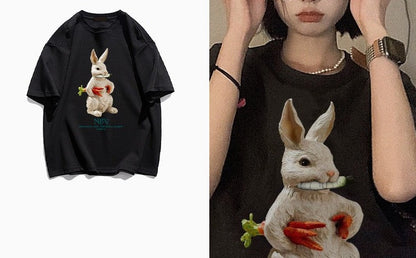 Cartoon rabbit print short sleeved T-shirt for women's summer oversize tee