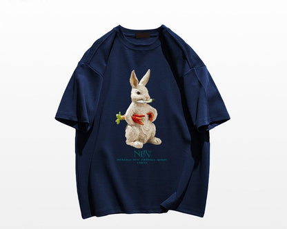 Cartoon rabbit print short sleeved T-shirt for women's summer oversize tee