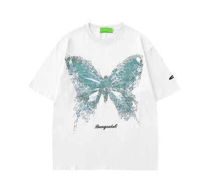 Hight street butterfly short-sleeved T-shirt unisex couple wear loose fit