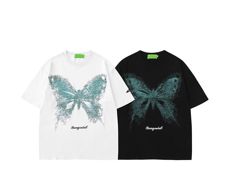 Hight street butterfly short-sleeved T-shirt unisex couple wear loose fit