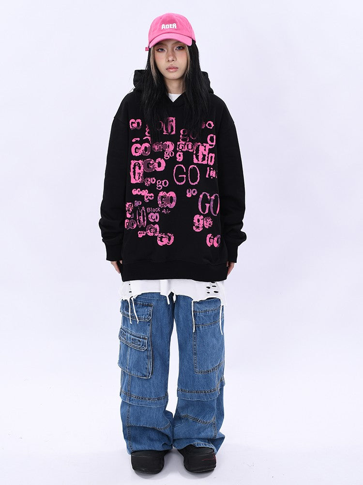 Hoodies Letter Graffiti Design Hooded Sweater for Men and Women Pullover Top