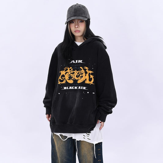 Heavyweight distressed washed hoodie for men and women gradient tie dye loose top