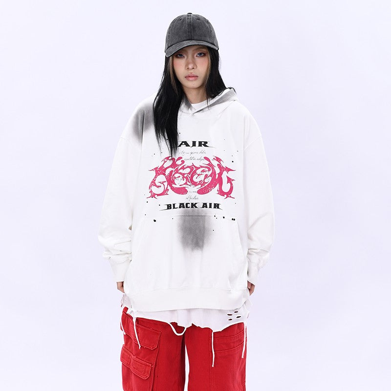 Heavyweight distressed washed hoodie for men and women gradient tie dye loose top