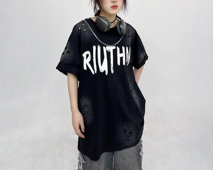 Original Wide Worn Out T-shirt with Chain Oversize Unisex Hip-hop Top