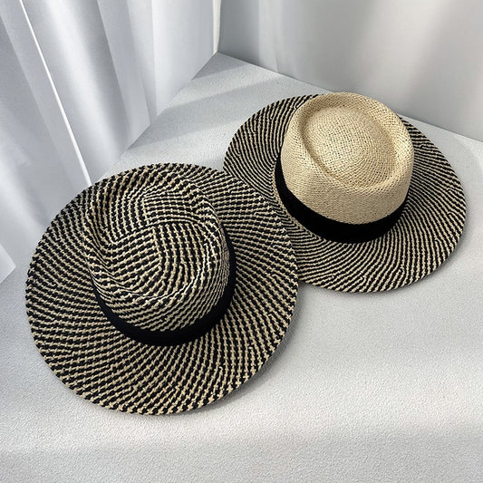 Flat Top Sunscreen Straw Hat Women's Summer Straw Knitted Hat for Beach Travel Hat