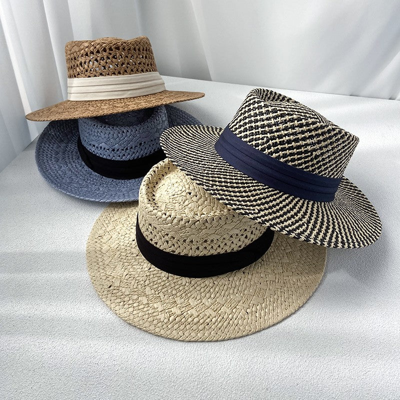 Flat Top Sunscreen Straw Hat Women's Summer Straw Knitted Hat for Beach Travel Hat