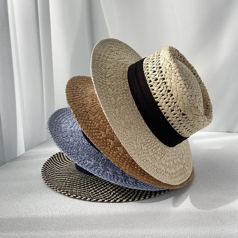 Flat Top Sunscreen Straw Hat Women's Summer Straw Knitted Hat for Beach Travel Hat