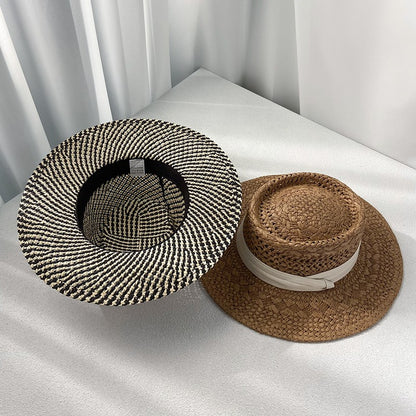 Flat Top Sunscreen Straw Hat Women's Summer Straw Knitted Hat for Beach Travel Hat