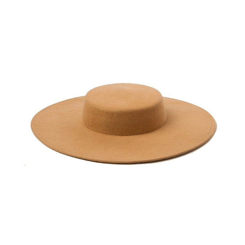 Shallow Flat Top Hat Big Eaf Woolen Hat Big brim Hat Trend