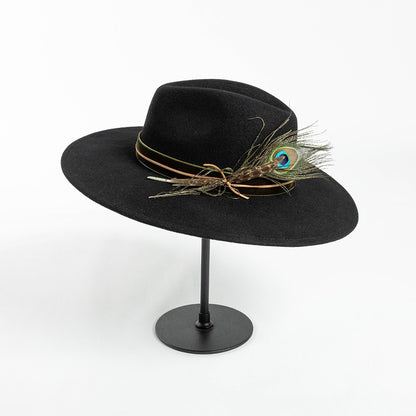 Fashionable Casual Weaving hat with Feather Decoration Big Eaves Wool Jazz Top Hat