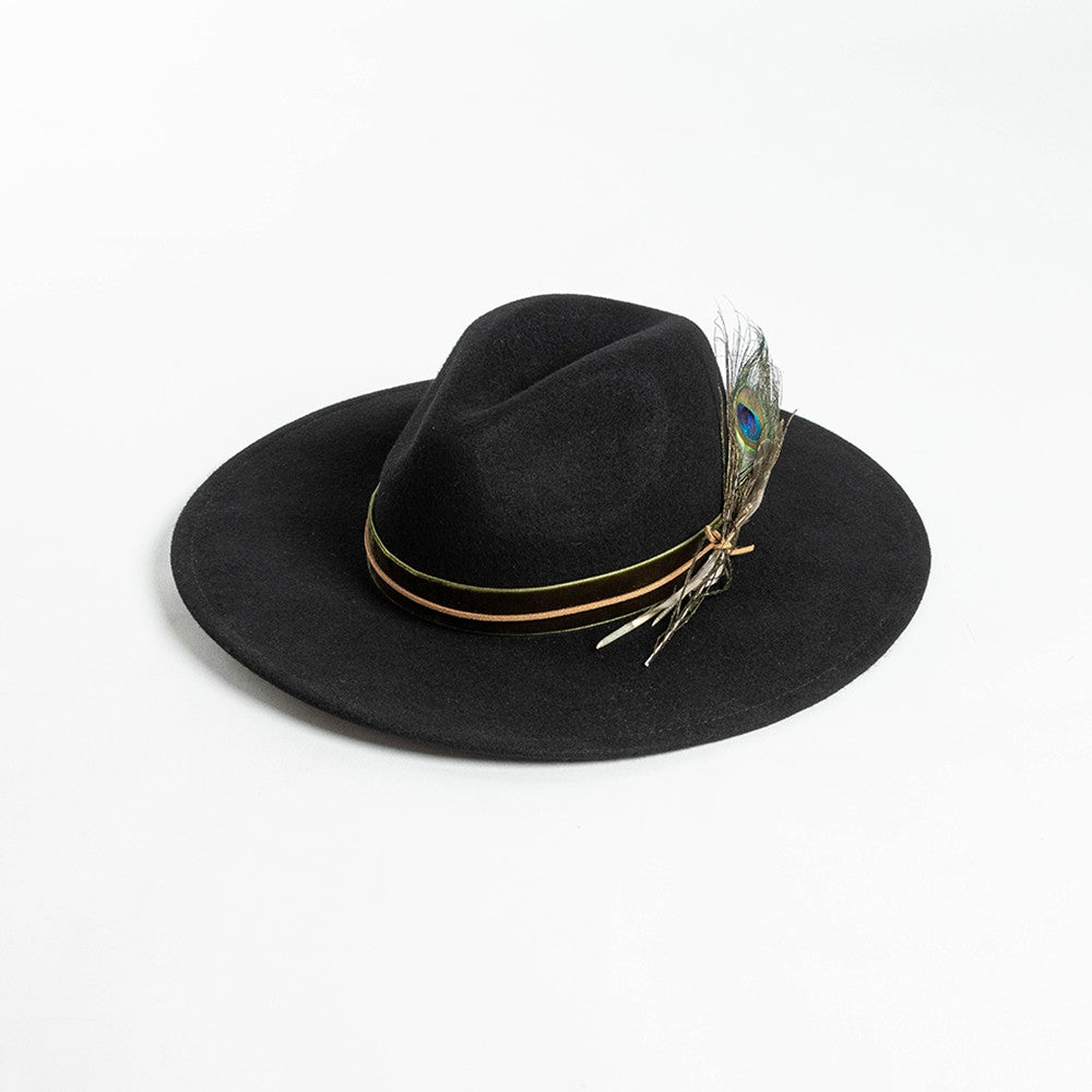 Fashionable Casual Weaving hat with Feather Decoration Big Eaves Wool Jazz Top Hat