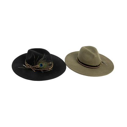 Fashionable Casual Weaving hat with Feather Decoration Big Eaves Wool Jazz Top Hat