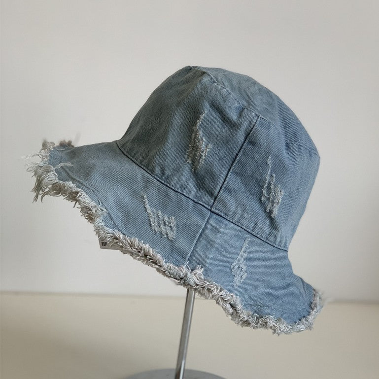 Rough edge denim fisherman hat for women's spring and summer outdoor sunshade hat