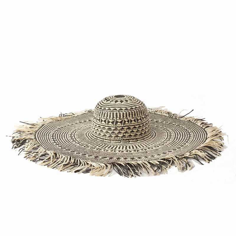 Hat Black and White Intermittent Paper Grass Ragged Edge Round Top Straw Outdoor Hat