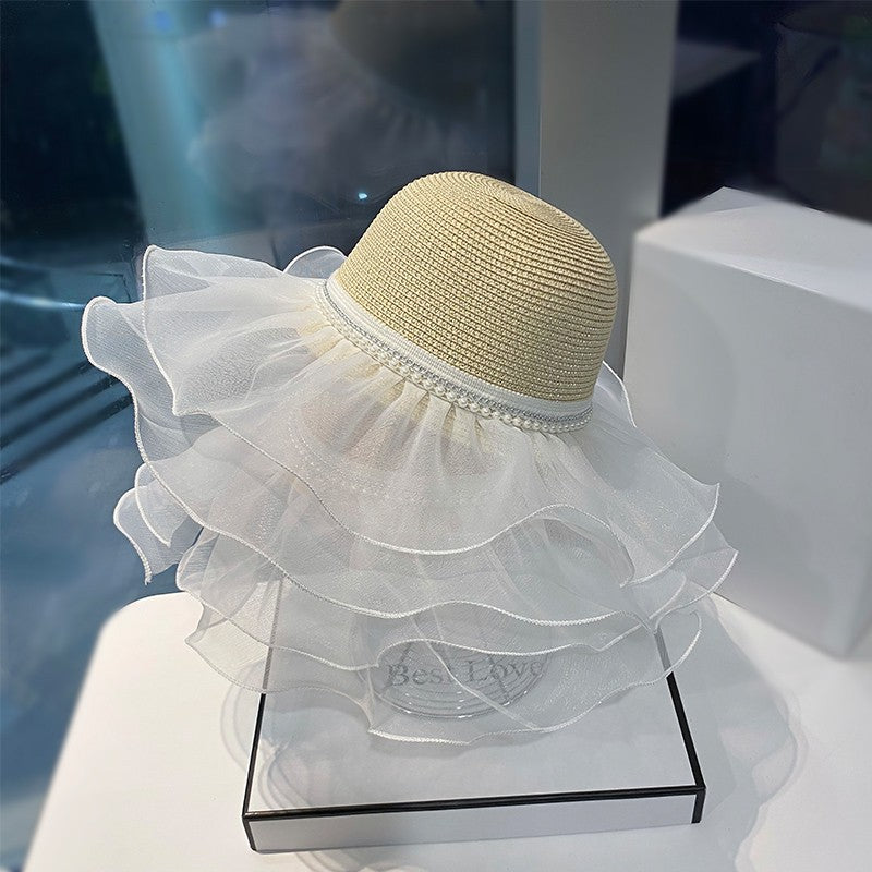 women pearl lace with large brim, Summer outing elegant straw hat sun hat for children