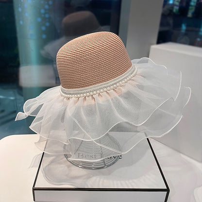 women pearl lace with large brim, Summer outing elegant straw hat sun hat for children