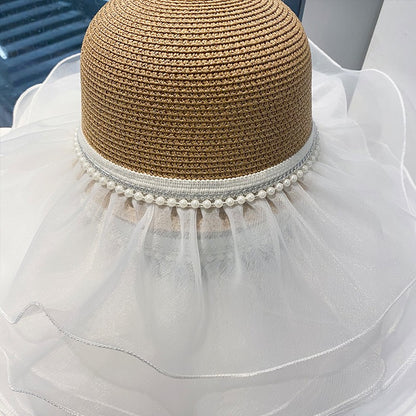 women pearl lace with large brim, Summer outing elegant straw hat sun hat for children