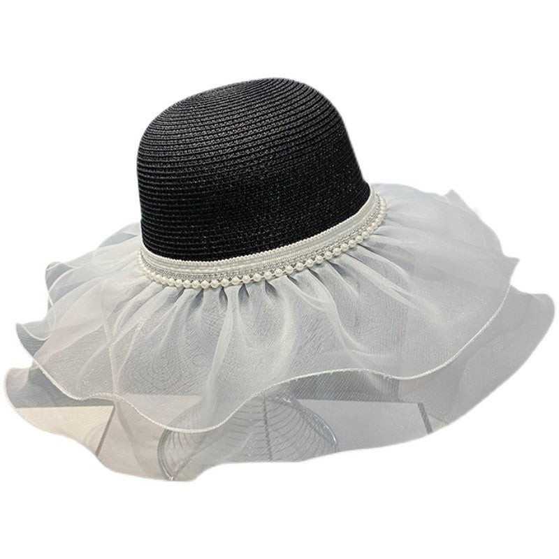 women pearl lace with large brim, Summer outing elegant straw hat sun hat for children