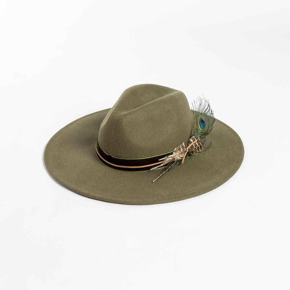 Fashionable Casual Weaving hat with Feather Decoration Big Eaves Wool Jazz Top Hat