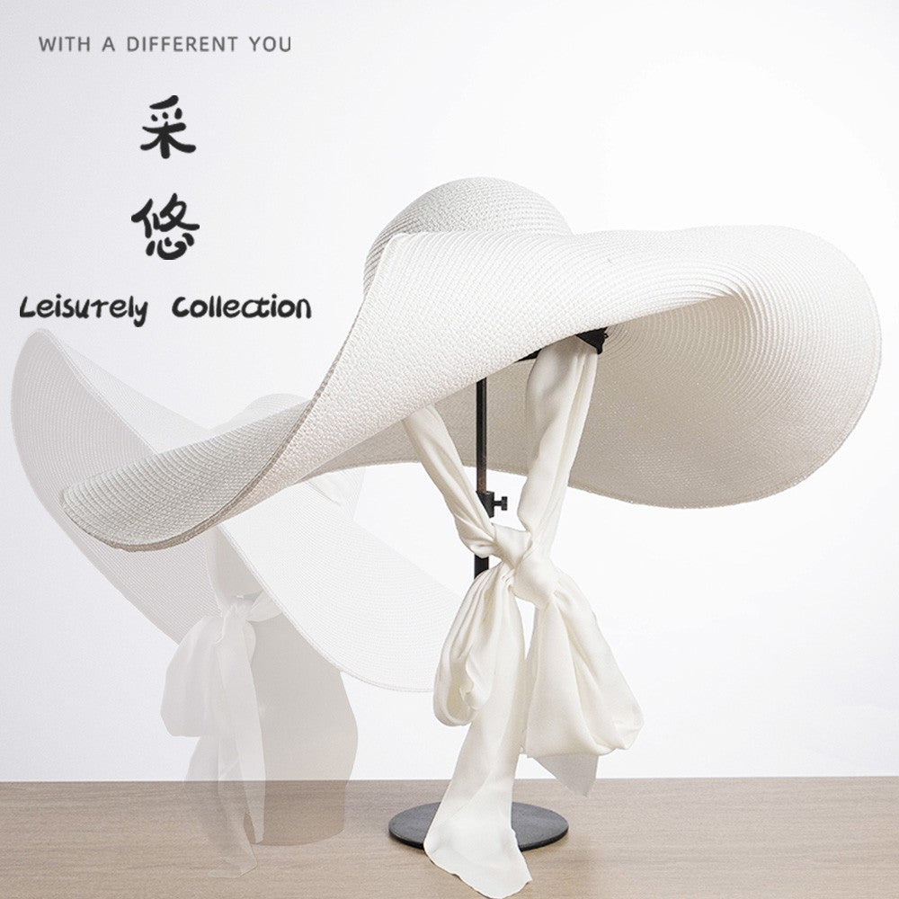 Straw hat big brim hat with sun protection Hepburn style white hat