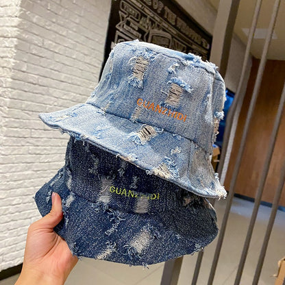 Washed denim hole embroidered letters fisherman hat