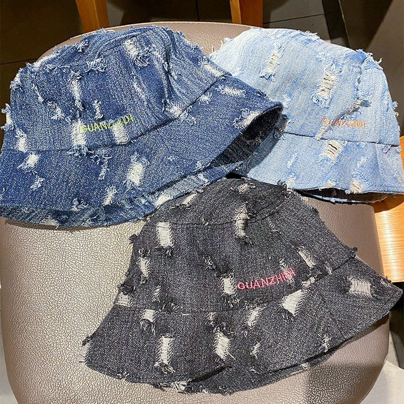 Washed denim hole embroidered letters fisherman hat