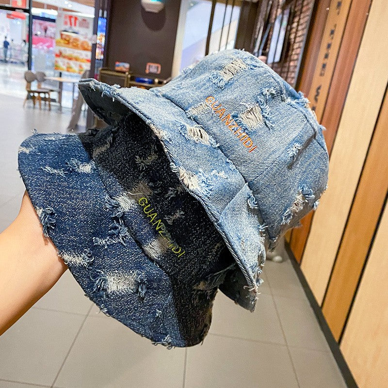 Washed denim hole embroidered letters fisherman hat