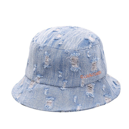 Washed denim hole embroidered letters fisherman hat