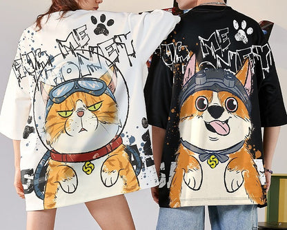 Cartoon graphic couple wear T-shirt short sleeves