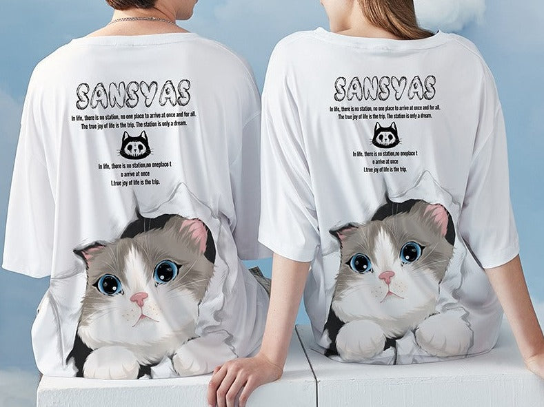 T-shirt with a cute cat print oversize unisex top for couples