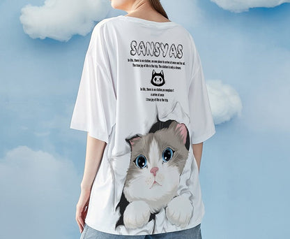 T-shirt with a cute cat print oversize unisex top for couples