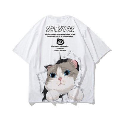 T-shirt with a cute cat print oversize unisex top for couples