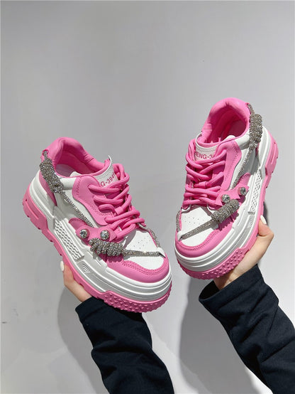 Pink Genuine Leather Rhinestone Women Platform Sneakers