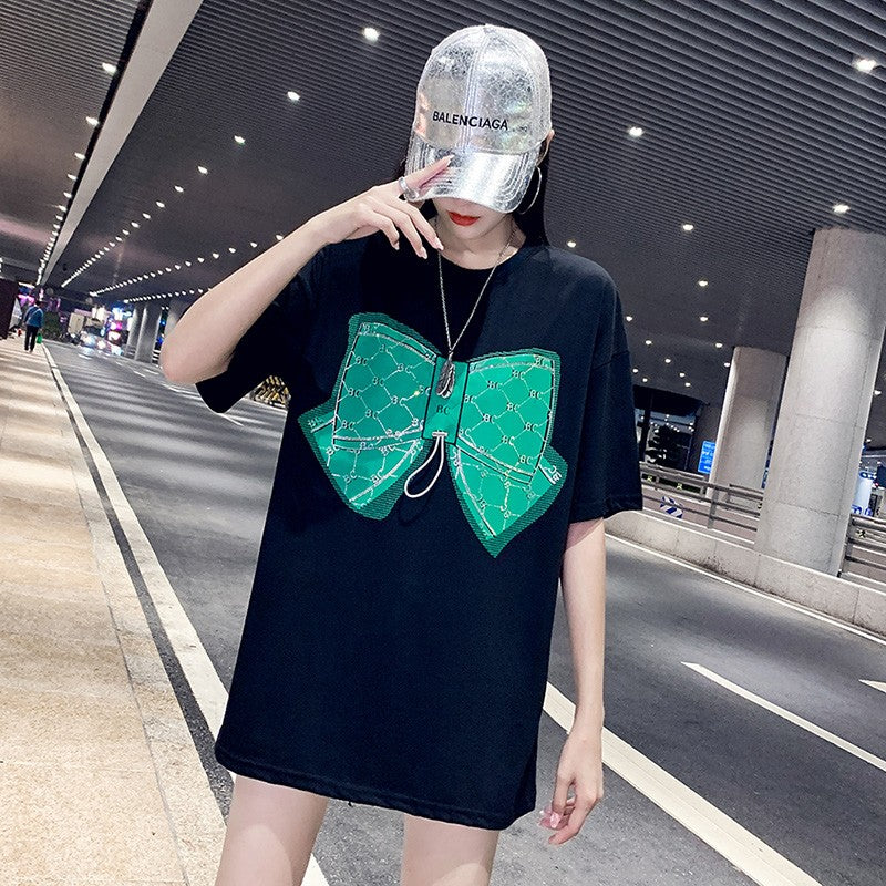 Women's T-shirt Oversize Short sleeved Loose Mid length Bow Tie Print