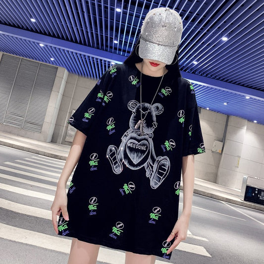 Oversize women teddy bear short sleeved t-shirt mid length