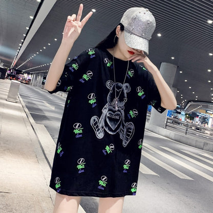 Oversize women teddy bear short sleeved t-shirt mid length