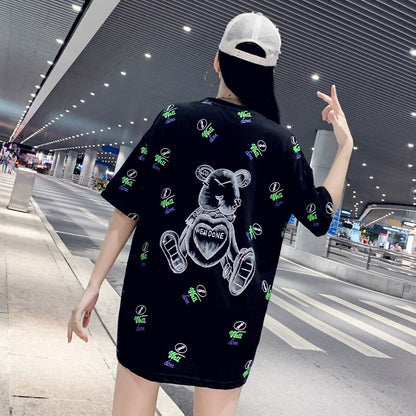 Oversize women teddy bear short sleeved t-shirt mid length