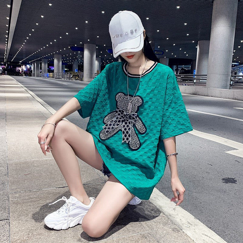 Backless T-shirt women's short-sleeved loose mid-length bear design top