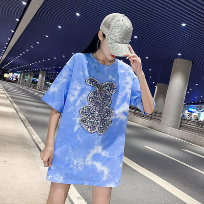 Oversize blue tie dyed loose fit short sleeved t-shirt for women