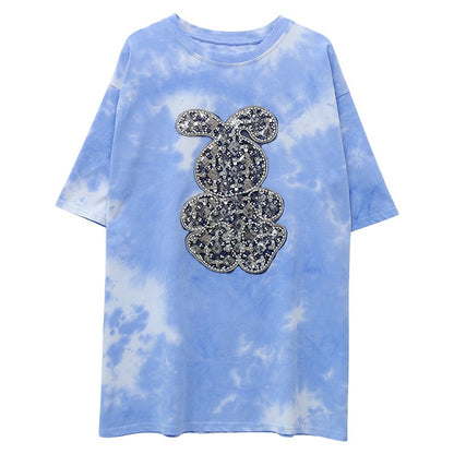 Oversize blue tie dyed loose fit short sleeved t-shirt for women