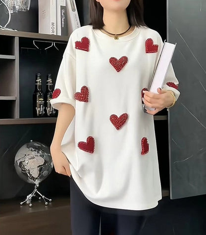 Love Diamond Heart White T-shirt For Women's Short sleeved Round Neck Top