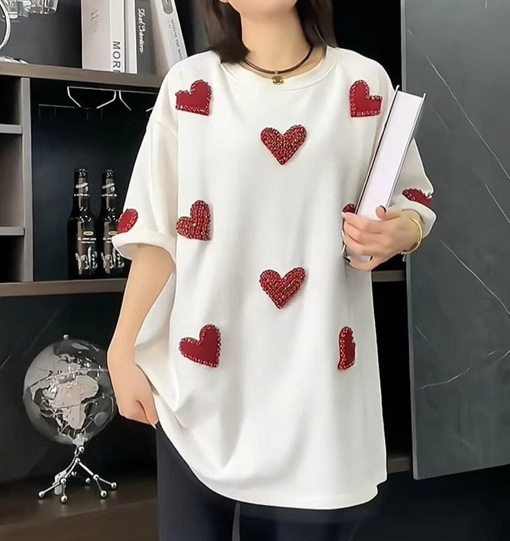 Love Diamond Heart White T-shirt For Women's Short sleeved Round Neck Top